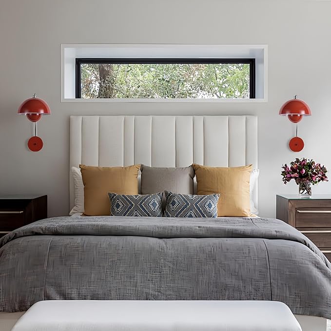 COSYLUX Modern Sleek Plug in Wall Sconce, Hardwired & Corded 2in1 Design Metal Wall Light Fixtures for Bedroom Bedside Reading, Mid-Century Flower Bud Wall Sconces with Switch, Red