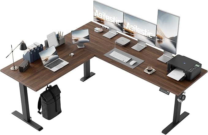 Agilestic 75 Inch L Shaped Standing Desk Adjustable Height, Corner Standing Desk, Sit Stand Up Computer Table, Splice Board, Dark Walnut