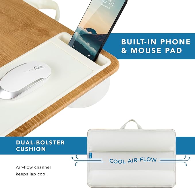 LAPGEAR Home Office Pro Lap Desk with Wrist Rest, Mouse Pad, and Phone Holder - White Oak Woodgrain - Fits up to 15.6 Inch Laptops - Style No. 91609