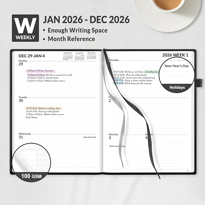 SUNEE 2026 Weekly & Monthly Hardcover Planner 5.5" x 8.3" - 12 Month (January 2026 - December 2026), Small Hardcover Planner, Pocket, Notes, 100 GSM Paper, Black