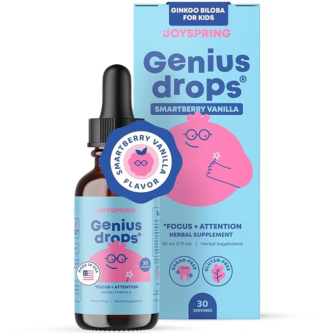 JoySpring Genius Drops Smartberry Vanilla | Herbal Focus Support for Kids with Ginkgo Biloba, Licorice Root, Gotu Kola Extract, Peppermint Leaf | Liquid Formula|1fl oz (30 Servings)