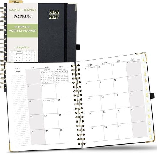 POPRUN Monthly Planner 2026-2027 Spiral Hardcover (8'' x 10''), 18 Months Calendar (Jan.2026-Jun.2027) - 2 Pages per Month with Dotted Note Pages, Sunday Start, Laminated Tab - Black