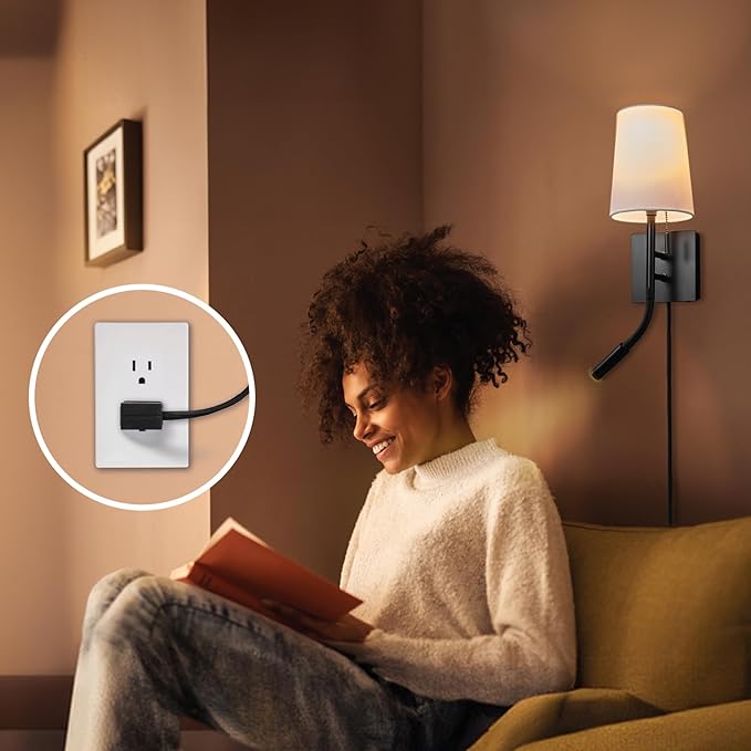 Globe Electric 1-Light Plug-in or Hardwired Wall Sconce with Reading Light, USB-A Port, USB-C Port, LED Integrated Reading Light, Matte Black, White Fabric Shade, On-Off Pull Chain and Rocker Switch