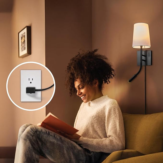 Globe Electric 1-Light Plug-in or Hardwired Wall Sconce with Reading Light, USB-A Port, USB-C Port, LED Integrated Reading Light, Matte Black, White Fabric Shade, On-Off Pull Chain and Rocker Switch