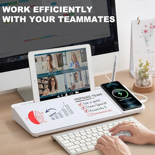 Small Glass Desktop Whiteboard Dry-Erase-Board - Computer Keyboard Stand with Wireless Charger White Board Surface Pad with Drawer, Desk Organizers with Accessories for Office, Home, School Supplies