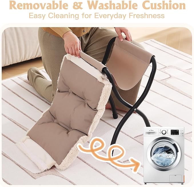 Welnow Folding Foot Stool, Upholstered Small Accent Ottoman with Detachable Thick Cotton Cushion Padded Sofa Stool and Metal Frame for Lazy Chair, Living Room, Bedroom, Plush Beige