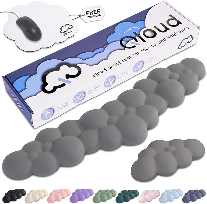 Qloud Cloud Wrist Rest Keyboard Wrist Rest for Computer Keyboard Pad, Cloud Keyboard Wrist Rest, Wrist Pad for Keyboard, Memory Foam, Non Slip Base, Comes with Mouse Pad - Soft Gray
