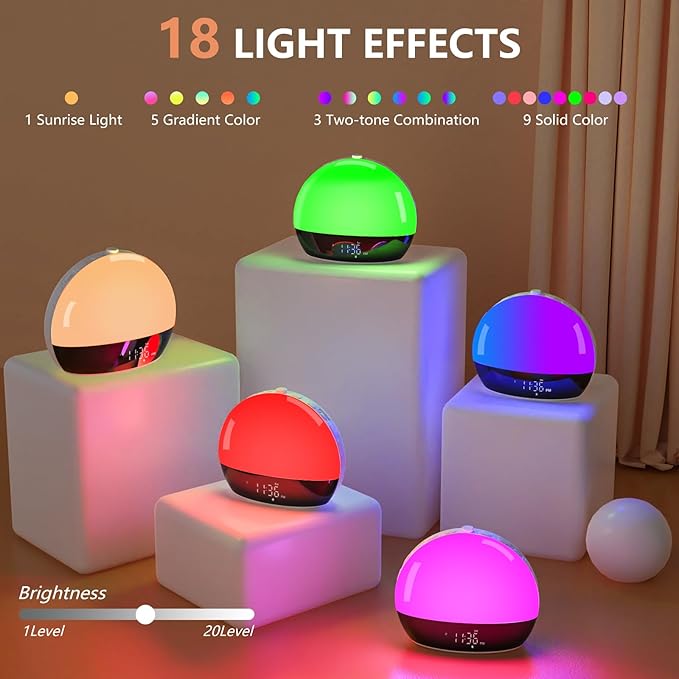 Sunrise Alarm Clock Sound Machine, Alarm Clocks for Bedrooms, 18 Dimmable Night Light, 25 Sleep Sounds, White Noise Machine for Baby, Adults, Wake Up Light Alarm Clock for Heavy Sleepers, Kids