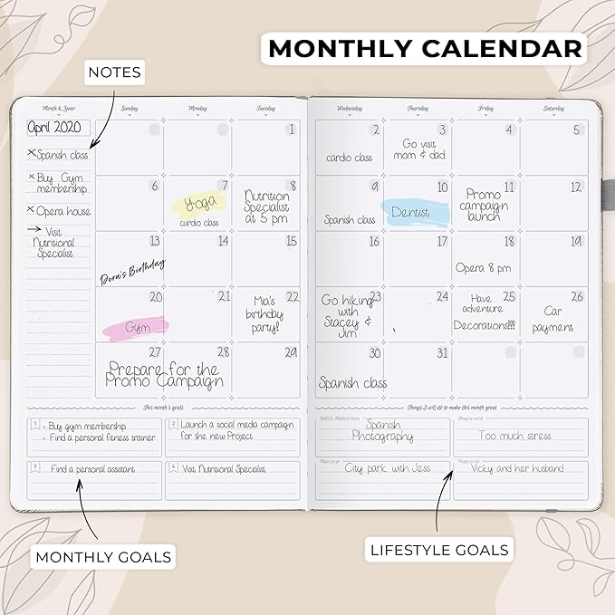 GoGirl Planner PRO Schedule - Undated Planner with Hourly Time Slots, Monthly, Weekly & Daily Organizer, Appointment Book for time Management, 7"x10" Hardcover, Lasts 1 Year - Foggy Alps