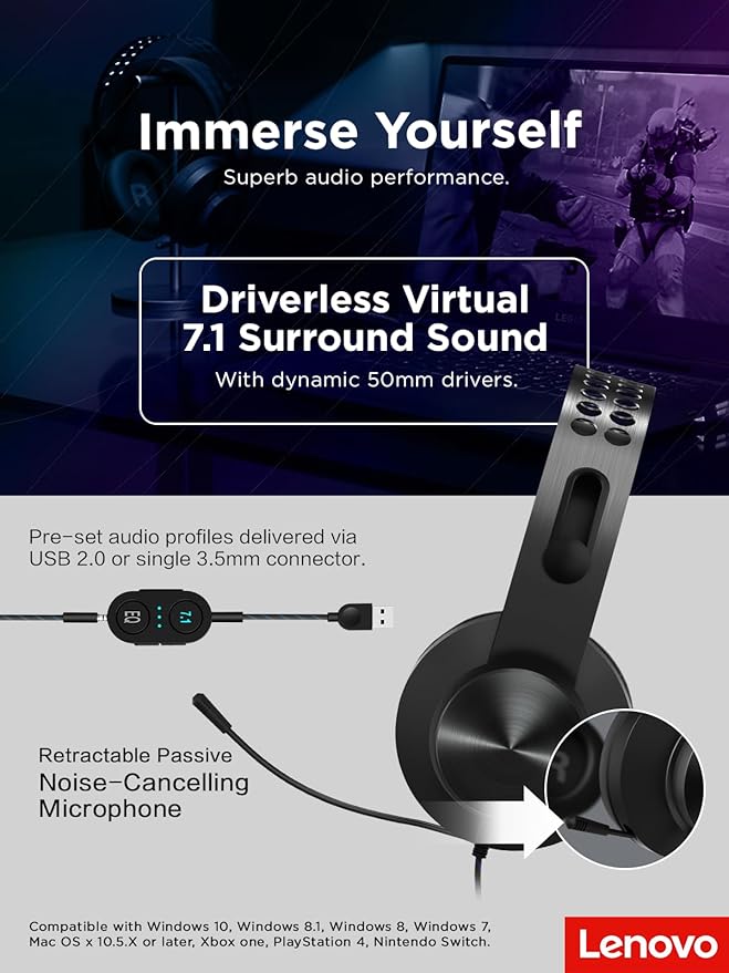 Lenovo Legion H500 PRO 7.1 Surround Sound Gaming Headset, Noise-Cancelling Mic, Memory Foam & PU Leather Earcups, Stainless Steel Headband, PC, PS4, Xbox One, Nintendo Switch, GXD0T69864, Black