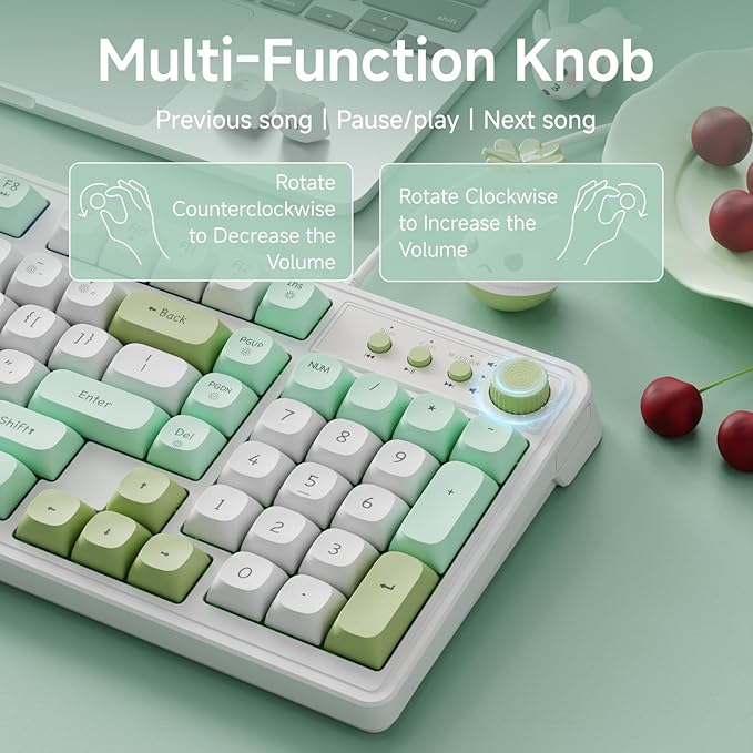 EWEADN G98 RGB Gaming Keyboard Wired, Retro Creamy Membrane Keyboards with Media Knob, Number Pad RGB Backlit, 98 Keys Quite Membrane Computer Keyboard for MAC Xbox PC Gamer- Green