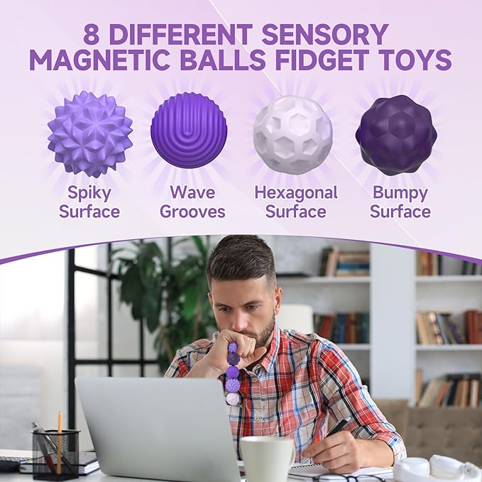 Magnetic Sensory Ball Fidget Toys for Adults&Teens, 8pcs Sensory Attraction Stress Balls with Silicone Shell to Calm Restless Hands Anxious Mind, Desk Stress Magnetic Fidget Balls for Anxiety Relief