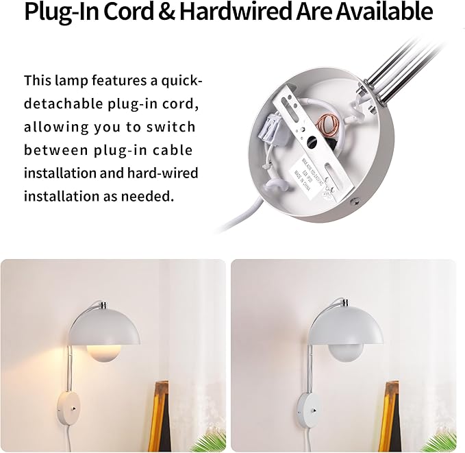 COSYLUX Modern Sleek Plug in Wall Sconce, Hardwired & Corded 2in1 Design Metal Wall Light Fixtures for Bedroom Bedside Reading, Mid-Century Flower Bud Wall Sconces with Switch, White