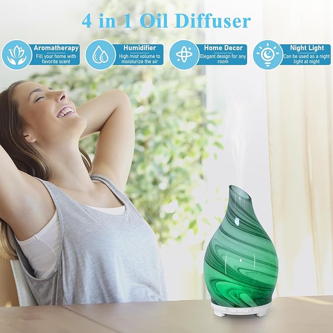 Essential Oil Diffuser 120ML Glass Ultrasonic Aromatherapy Oil Diffuser-Aroma Humidifier Glass Diffuser,7 Color Changing Light Waterless Auto-Off-Ultra-Quiet for Sleeping Yoga Home Office and Spa