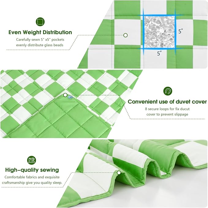 Green Checkered Weighted Blanket for Adults 15lbs, 48"x72" Twin Size, Cooling Heavy Blanket Microfiber for 120-160lbs with Premium Glass Beads, Soft Thick Big Blankets for All-Season Sleeping Comfort