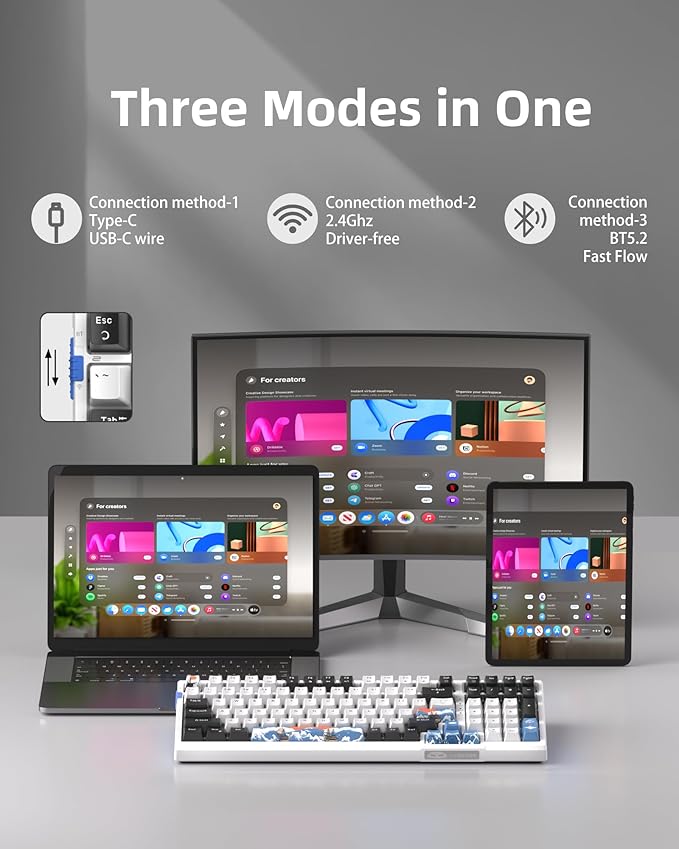 MageGee SKY98 Wireless Gasket Mechanical Gaming Keyboard, 96% Hot Swappable RGB Custom Creamy Keyboard with 5-Layer Sound Padding, BT/2.4G/USB-C, NKRO for Win/Mac (Waves, Blue Whale Switch)