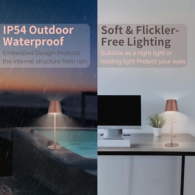 Maksone 2 Pack LED Cordless Table Lamp, 6600mWh Rechargeable Battery Desk Lamp, 3000K Stepless Dimming Night Light, IP54 Waterproof Metal Outdoor Portable Lamp for Camping, Restaurant(Brown)