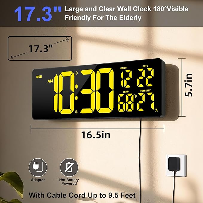 Large Digital Wall Mount Clock 17.3", 15 Color Modes Jumbo Numbers, 8 Color Modes Atmosphere Lights, Led Large Display Auto-Dimming/DST, for Classroom Living Room Garage Gym, Gift for Senior Mom Dad