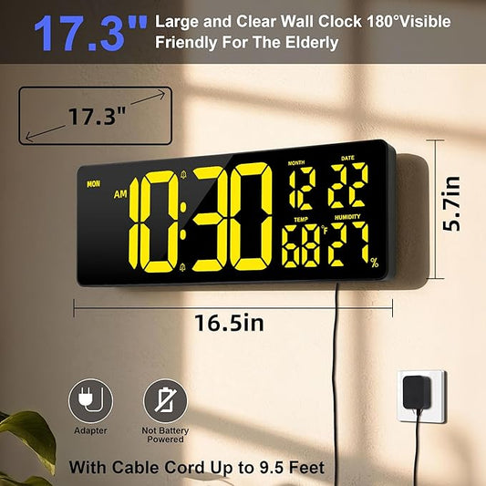Large Digital Wall Mount Clock 17.3", 15 Color Modes Jumbo Numbers, 8 Color Modes Atmosphere Lights, Led Large Display Auto-Dimming/DST, for Classroom Living Room Garage Gym, Gift for Senior Mom Dad