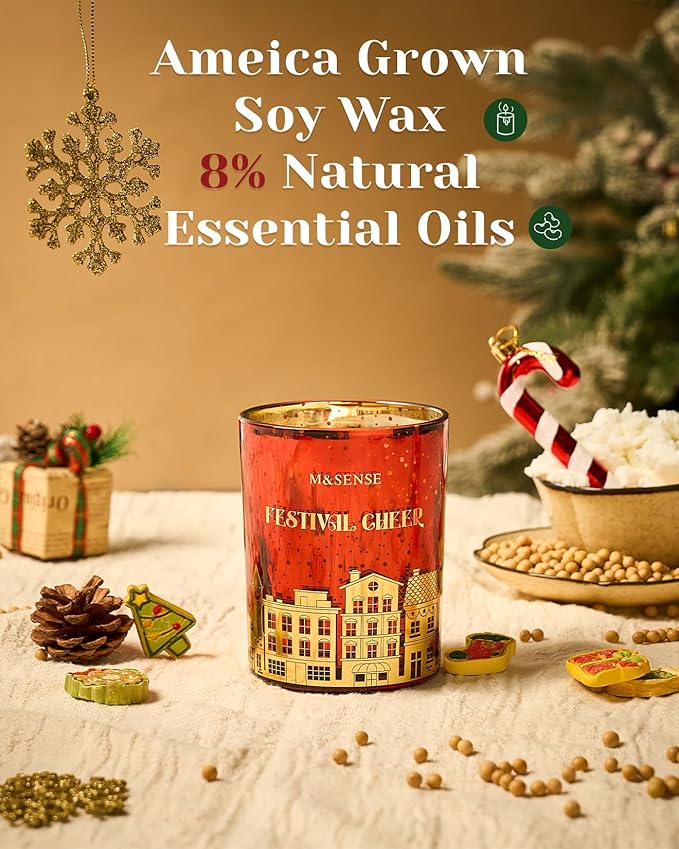 M&SENSE Festival Cheer Wooden Wick 18oz Almond & Apple Scented Clean Natural Soy Wax Candle, 100 Hours Burn Aromatherapy Large Candle for Housewarming Bathroom Bedroom