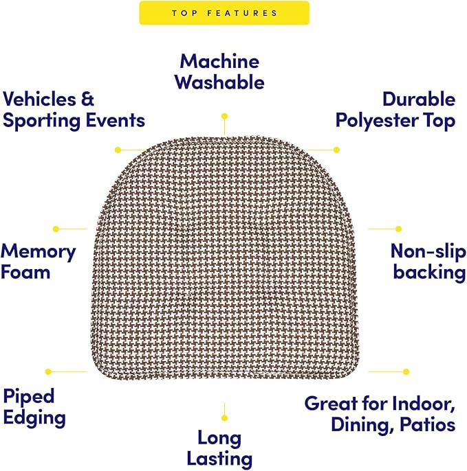 Sweet Home Collection Chair Cushion Memory Foam Pads Tufted Slip Non Skid Rubber Back U-Shaped 17" x 16" Seat Cover, 6 Pack, Houndsooth Brown