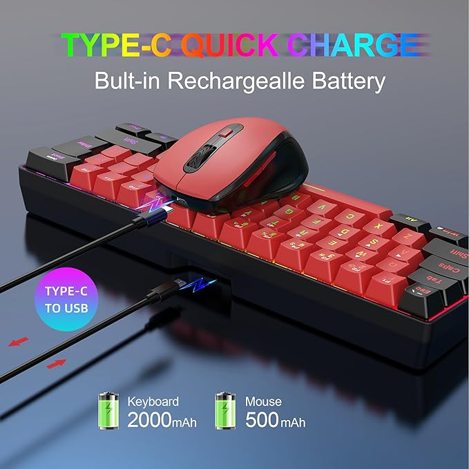 Snpurdiri 2.4G Wireless Gaming Keyboard and Mouse Combo, 60 Percent Wireless Keyboard and Ergonomic Vertical Feel Small Mouse (Black and Red)