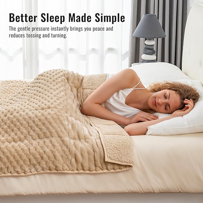 Uttermara Fleece Weighted Blanket for Adults Queen Size 15lbs, Soft Sherpa Weighted Blankets for Sleeping and Calming, Fuzzy Heavy Blanket for Bed and Couch, 60 x 80 Inches, Light Brown