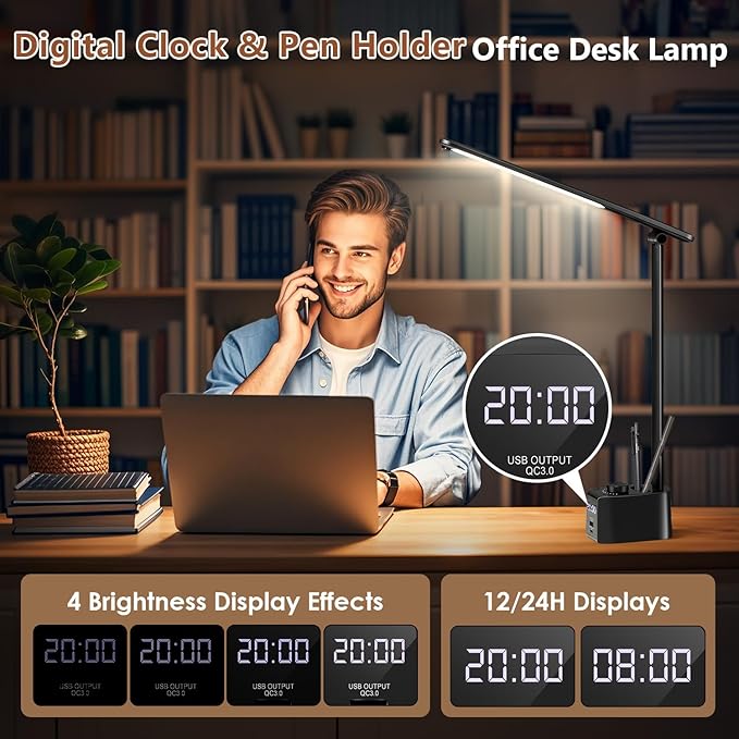 LED Desk Lamp,5 Colors+11 Brightness LED Desk Lamp with USB Charging Port+Clock+Pen Holder,700 Lumen Desk Light Classroom Desk Lamps for Home Office, Bed,Reading,Nail,Craft