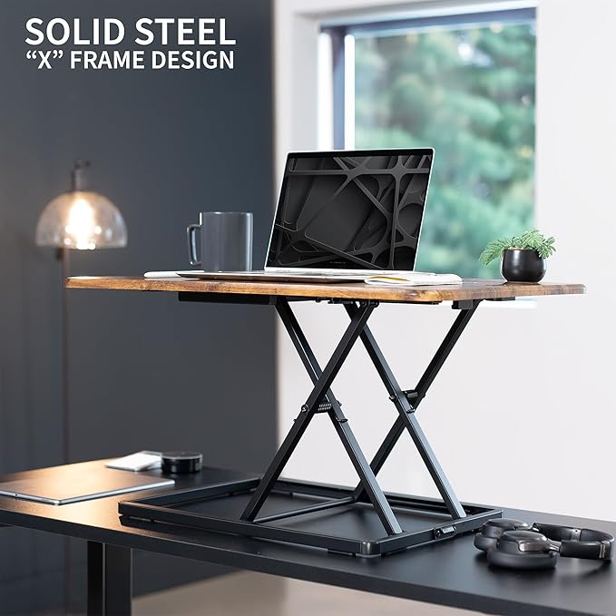 VIVO Ultra-Slim 32 Inch Single Top Height Adjustable Standing Desk Riser, Compact Sit Stand Desktop Converter for Monitor or Laptop, Vintage Brown, DESK-V032JN