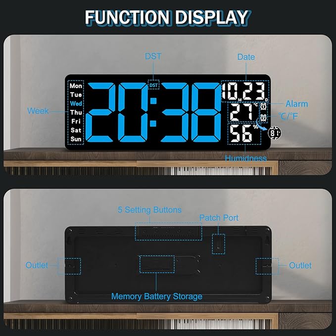 JoFomp 17.3" Large Digital Wall Clock, LED Digital Clock Large Display with Remote Control, Alarm Clock with Temp/DST/Dimmer/Humidity/Timer/Ambient Light - 12/24H, Alarm Wall Clock for Bedroom