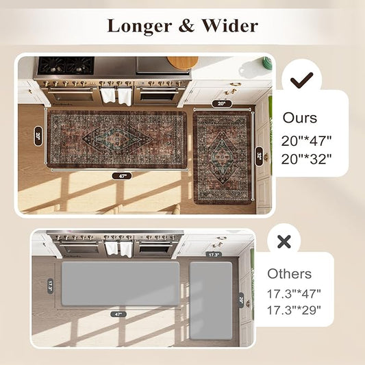 KIMODE Anti Fatigue Kitchen Mats for Floor, Boho Floral Kitchen Rugs Sets of 2, Brick Cushioned Kitchen Floor Mats, Non Slip Standing Desk Mat for Sink Laundry Office Desk 20"x47"+20"x32"