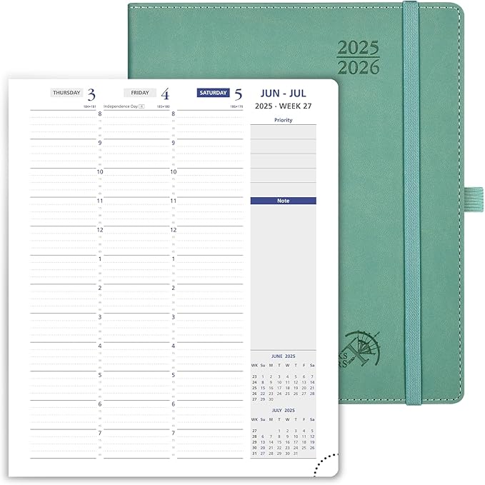POPRUN Weekly Planner 2025-2026, 7.25'' x 8.5'', 15-Minute Hourly Appointment Book (July 2025-June 2026) with PU Leather Softcover, Monthly Tabs, Inner Pocket - Midnight Green