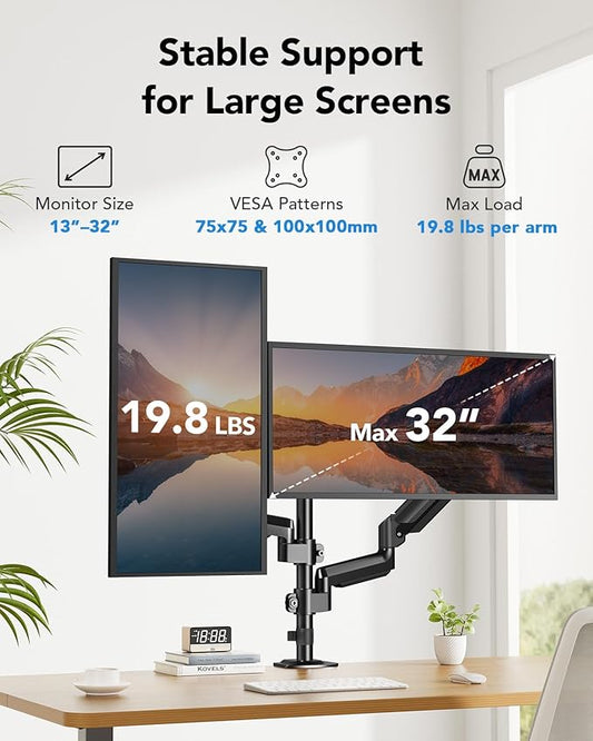 HUANUO Dual Monitor Mount up to 32 inches Screens, Taller Monitor Stand Hold 19.8lbs, Dual Monitor Arm Desk Mount Easy Adjustable with Tilt, Swivel, Rotation, VESA 75/100mm