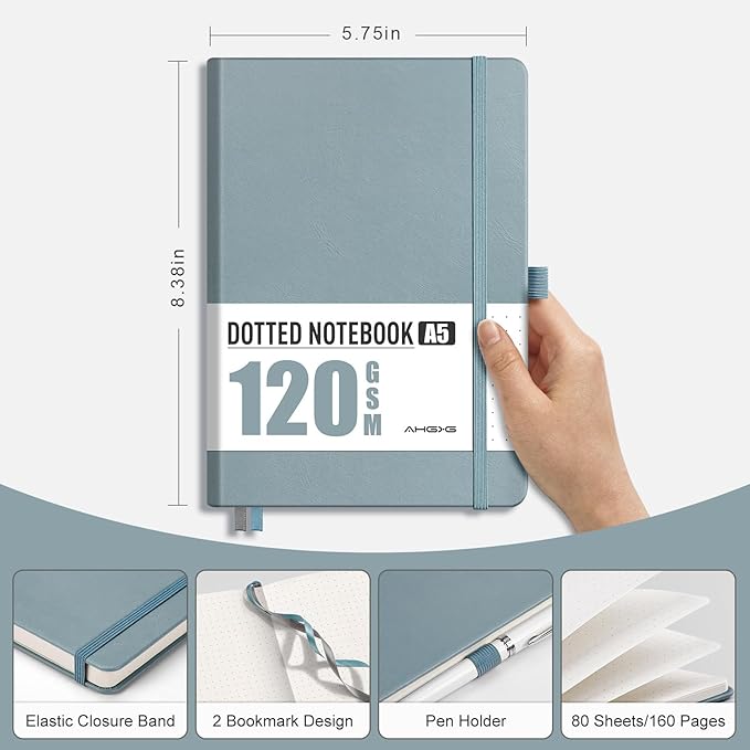 AHGXG Bullet Dotted Journal - Dot Grid Notebook Journal, 120 GSM Thick Acid-Free Paper, A5 Dotted Notebook 160 Pages, Leather Hardcover, Inner Pocket, Journal Stencil, 5.7'' × 8.3'' - Gray Blue