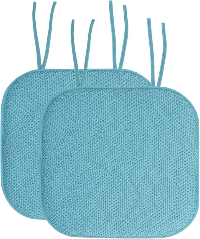 Sweet Home Collection Chair Cushion Memory Foam Pads with Ties Honeycomb Pattern Slip Non Skid Rubber Back Rounded Square 16" x 16" Seat Cover, 2 Pack, Teal