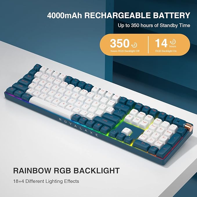 R108 Wireless Mechanical Keyboard, G Pro 3.0 Yellow Switch, Hot Swappable Wired/Bluetooth/2.4G Wireless Keyboard with RGB Light for Windows & Mac, PBT Keycaps, Whale Blue