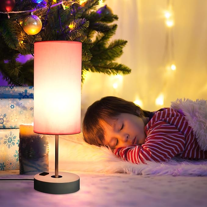 Table Lamp with USB Port - Desk Lamp Touch Lamp Bedside Lamps for Bedroom, 3 Way Dimmable Small Lamps for Living Room, Nightstand, Nursery, Dorm, Home, Office, White Base+ Pink Lampshade