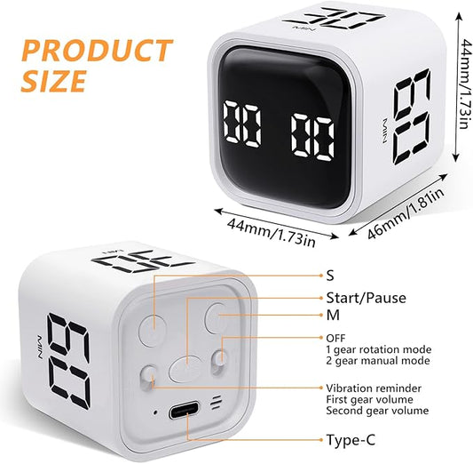 GuDoQi Multi-Function Cube Timer, 5/10/30/60 Min & Custom Count Down, Included Pause & Resume Feature, Silent, Vibrate & Adjustable Sound Alarm for Productivity in Tasks, Study & Kitchen, White