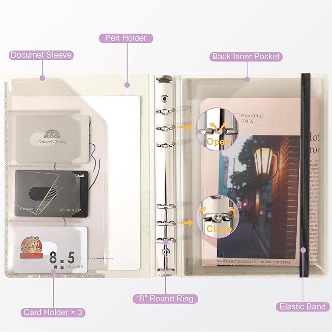 CAGIE A5 Binder 6 Ring Notebook with Dividers Refillable Planner Binder with Pockets, Refill Paper Include Planning Square Ruled and Dotted Pages, 6.89 x 9.25 In, (Purple, A5 Daily&Dot Page)
