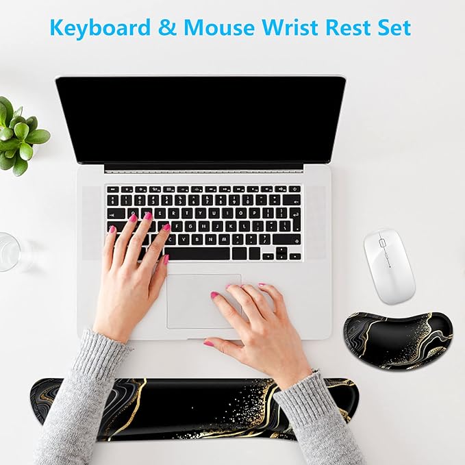 Dapesuom Enlarge Keyboard Wrist Rest, Memory Foam Wrist Cushion for Desk Mats Support, Marble Pain Relief Keyboard Mouse Pad Rests Set with Non-Slip Base for Gaming Laptop Office Computer, Black Gold
