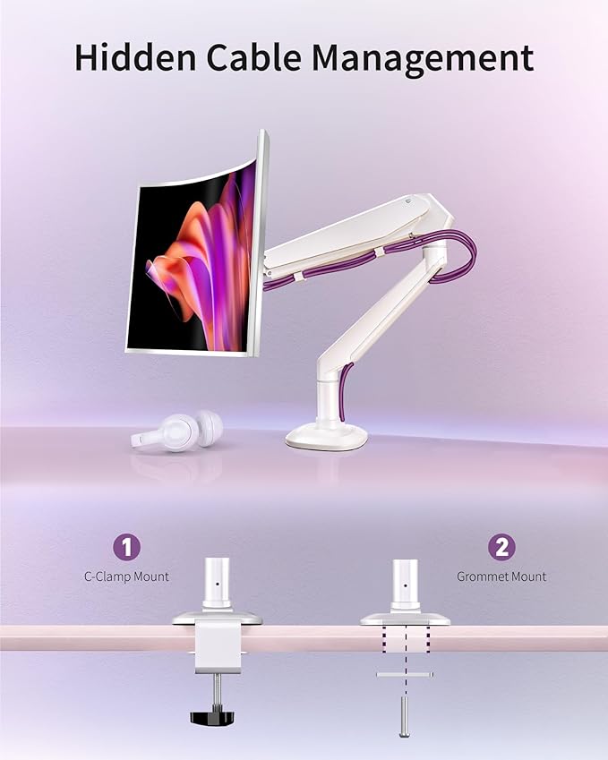 Single Monitor Arm for Screens up to 32 Inch and 19.8 lbs, Fully Adjustable Gas Spring Monitor Arm Desk Mount, 75/100 mm Vesa Mount, Aluminum, White