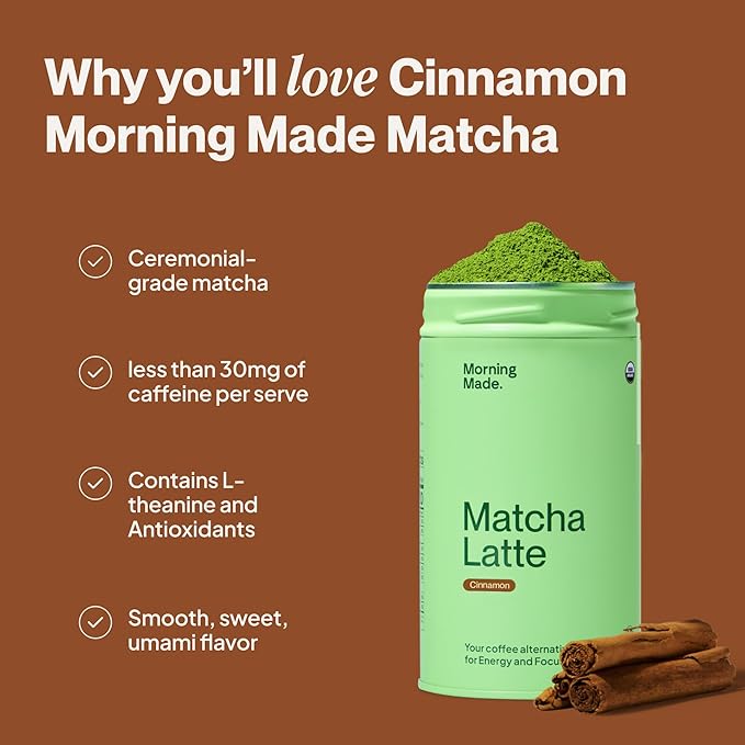 Morning Made Cinnamon Flavored Ceremonial Grade Matcha Powder | 8.46oz (240g) Resealable Tin | 60 Servings Premium Japanese Green Tea | Sweetened with Organic Sugar | Rich in Antioxidants & Energy Boosting