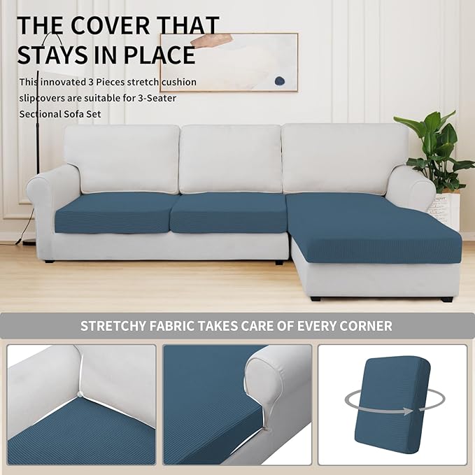 Easy-Going Stretch 3 Pieces Couch Cushion Covers for Sectional Sofa Left/Right L Shape Chaise Lounge Sofa Seat slipcover Anti-Slip Sofa Cover Soft (2 Seater + 1 Chaise, Bluestone)