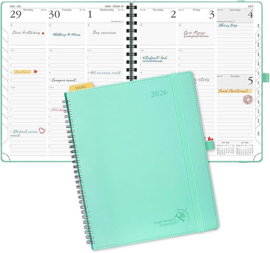 POPRUN 2026 Planner (Large - 8.5" x 10.5") with Hourly Schedule, Vertical Layout - 2026 Weekly Calendar (Jan. 2026 - Dec.2026) for Time Management, Monthly Tabs, Spiral Bound, Soft Cover - Green