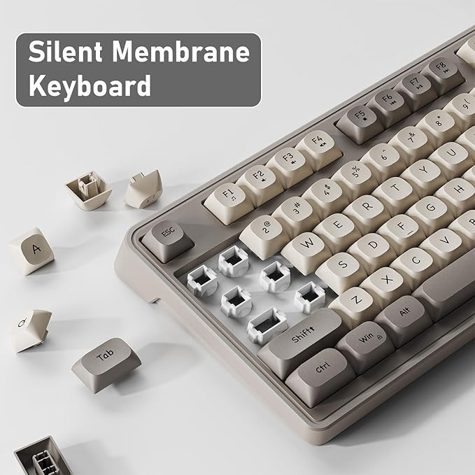 EWEADN G98 RGB Gaming Keyboard Wired, Retro Creamy Membrane Keyboards with Media Knob, Number Pad RGB Backlit, 98 Keys Quite Membrane Computer Keyboard for MAC Xbox PC Gamer - White&Grey