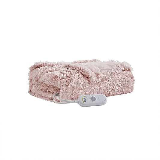 Serta Mila Shaggy Heated Throw Blanket - Soft Faux Fur Heated Blanket, Fast Heating, Auto Shut Off Timer, Low EMF, 5 Heat Setting, ETL Certified, Machine Washable Electric Blanket, Blush 50"x60"