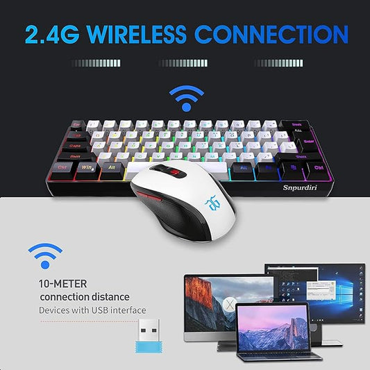 Snpurdiri 2.4G Wireless Gaming Keyboard and Mouse Combo, Include Mini 60% Merchanical Feel RGB Backlit Keyboard, Ergonomic Vertical Feel Small Wireless Mouse(Black and White)
