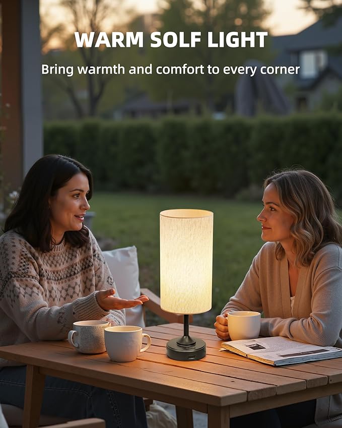 Battery Operated Lamp, Dimmable, 2700K, Timer, Touch Control, Portable, LED, Wireless, Rechargeable, Cordless, Desk Lamp, Kitchen Lamp, Fabric Shade, for Dining Room, Bedroom, Living Room, Dorm