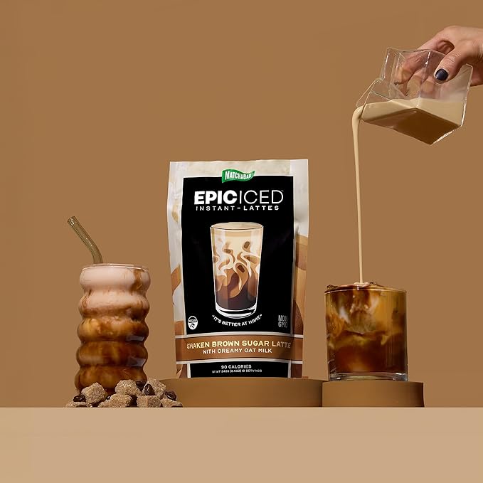 Matchabar Epic Iced Instant Latte Powder | Shaken Brown Sugar Espresso w/Oat Milk Base | Low Sugar, Non-Diary & Vegan Instant Iced Coffee Powder | Barista-Quality Creamy Latte Mix | 10 Servings