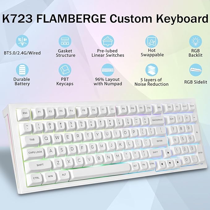 Redragon K723 Wireless Mechanical Gaming Keyboard Creamy, Hot Swappable Pre-lubed Linear Switches, Gasket Structure, Tri-Mode BT5.0/2.4GHz/USB-C, RGB Backlit, Custom for PC/Mac/PS/Xbox, White